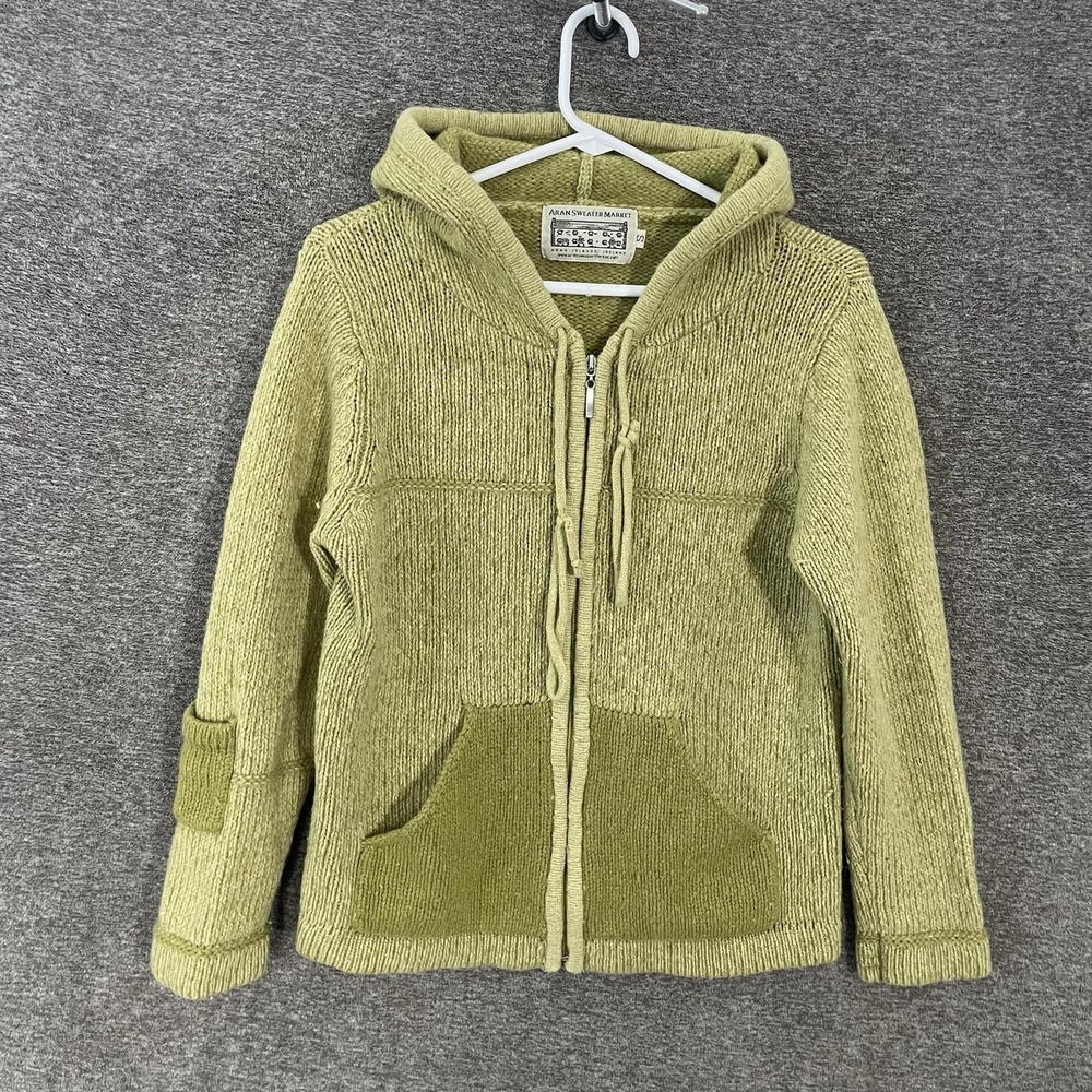 Aran Sweater Market Sweater Womens Small Green Merino Hooded Full Zip Ireland